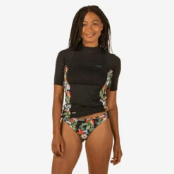 Tee Shirt Anti UV Surf Top 500 Manches Courtes Femme Noir Et Floral PARROT