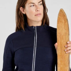 WEDZE Veste Polaire De Ski Laine Mérinos Femme - 500 Warm Marine Et Blanc -Sport Vêtements Magasin veste polaire de ski laine merinos femme 500 warm marine et blanc 5